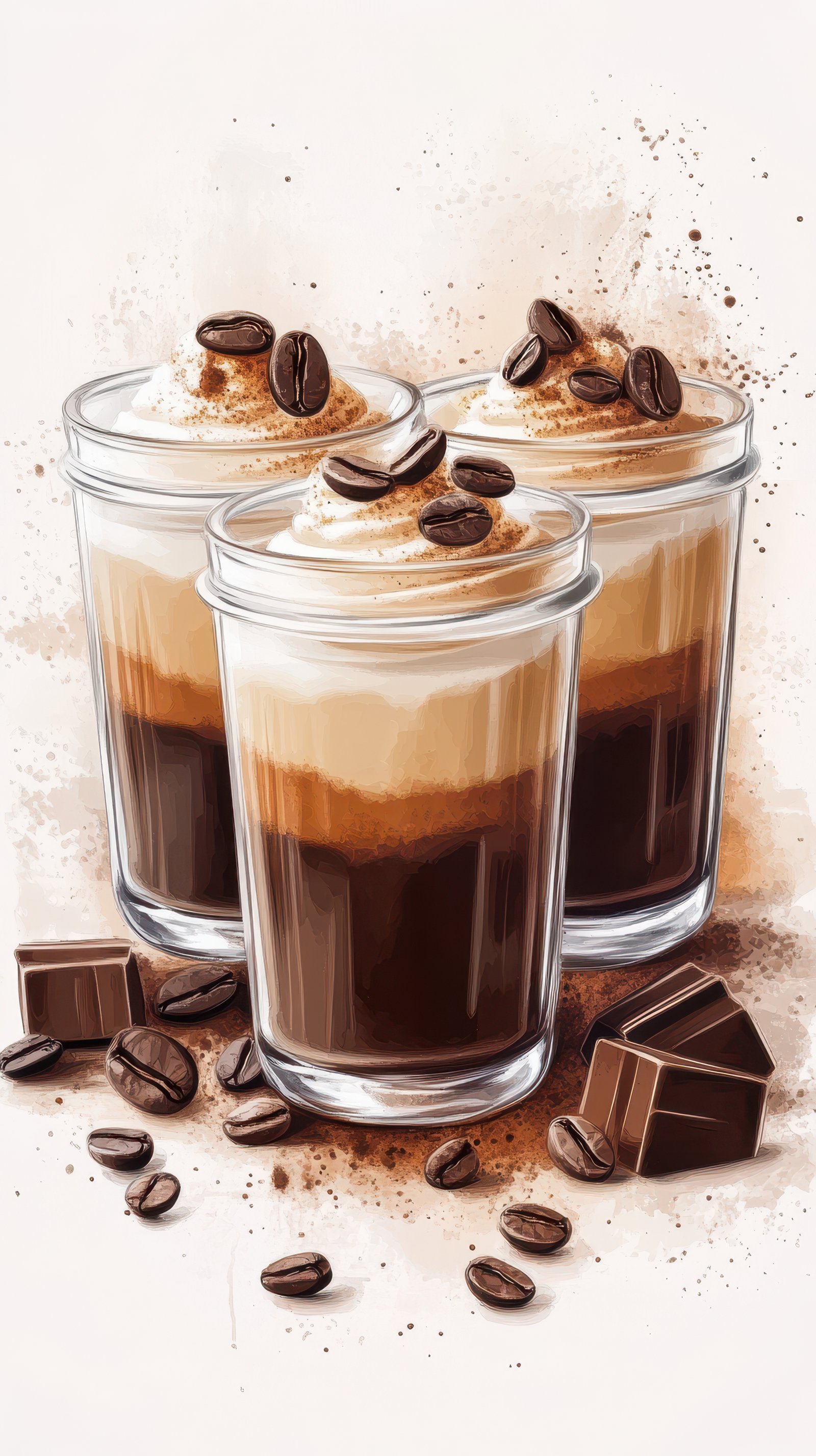 Three glasses of iced coffee with whipped cream and coffee beans, alongside chocolate pieces and scattered coffee beans